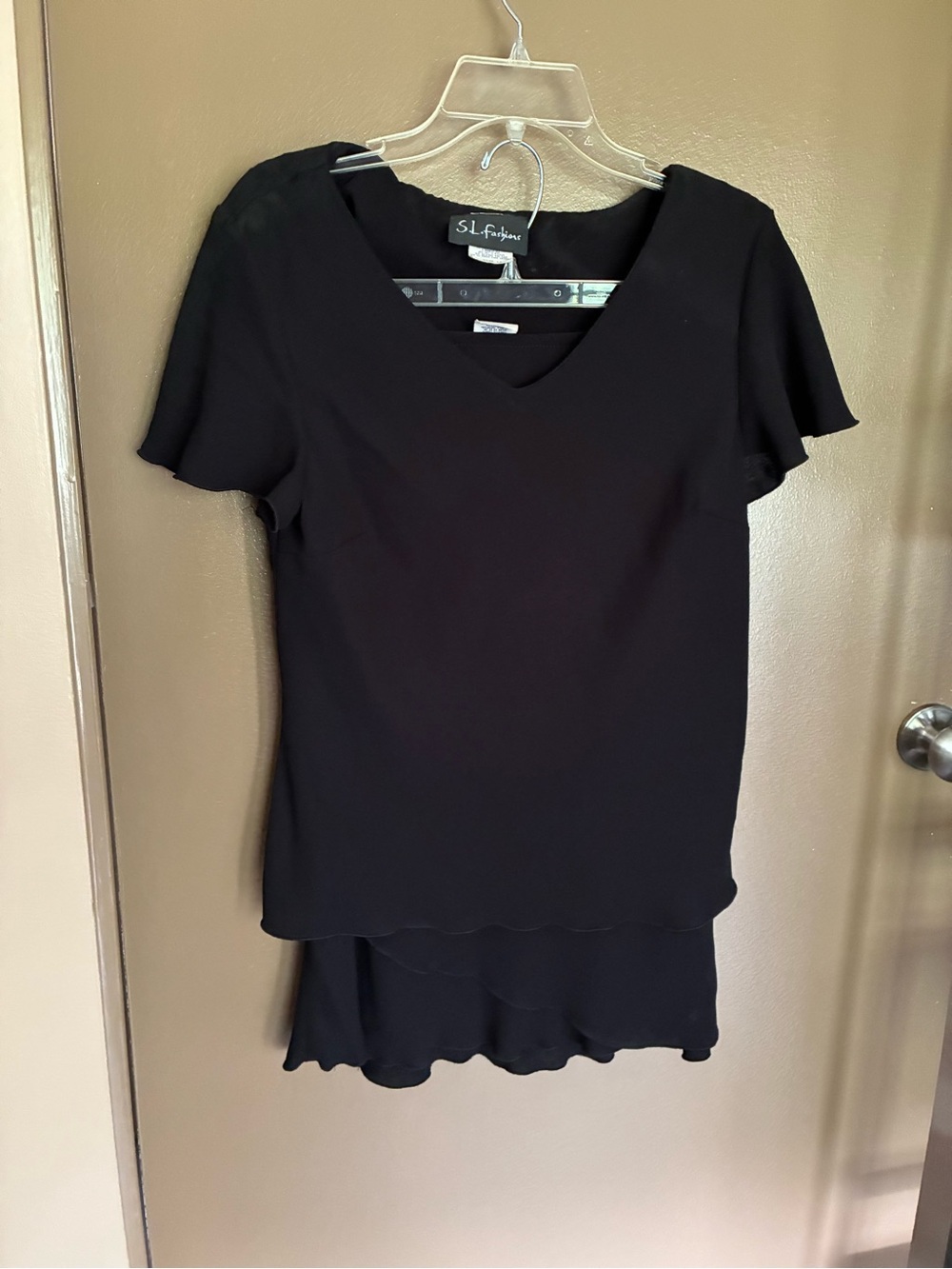 Two piece S.L. Fashions Black V-Neck Layered Short Sleeve blouse with skirt